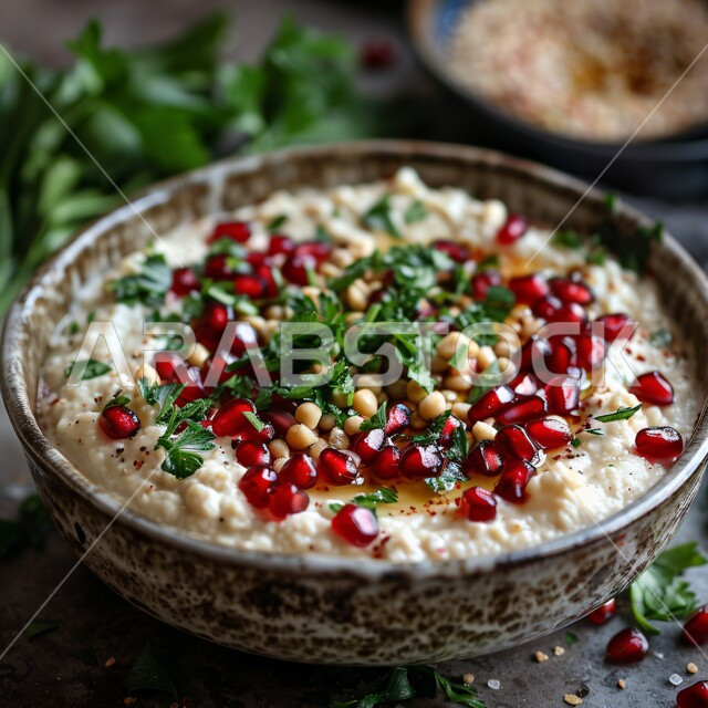 وجبات خفيفة ومقبلات باردة، وجبة ذات قيمة غذائية، وصفات طعام شهية صحية لذيذة، أطباق من المأكولات الشعبية، صورة مقربة لطبق من بابا غنوج بالرمان وزيت الزيتون المزين بالبقدونس، فنون التقديم في مطاعم ومطابخ المملكة العربية السعودية