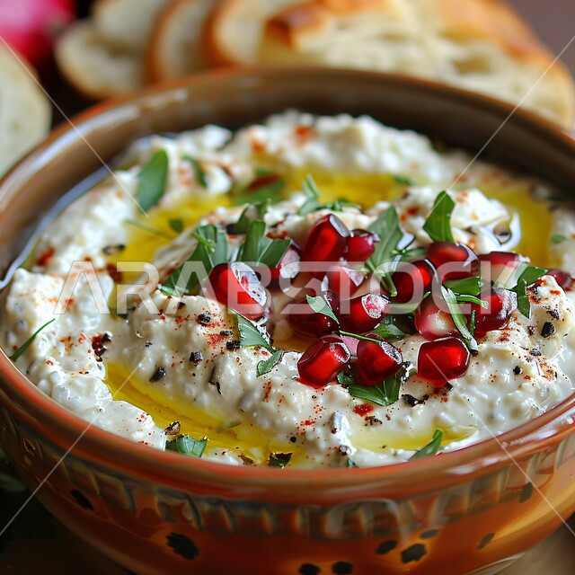 وجبات خفيفة ومقبلات باردة، وجبة ذات قيمة غذائية، وصفات طعام شهية صحية لذيذة، أطباق من المأكولات الشعبية، صورة مقربة لطبق من بابا غنوج بالرمان وزيت الزيتون المزين بالبقدونس، فنون التقديم في مطاعم ومطابخ المملكة العربية السعودية