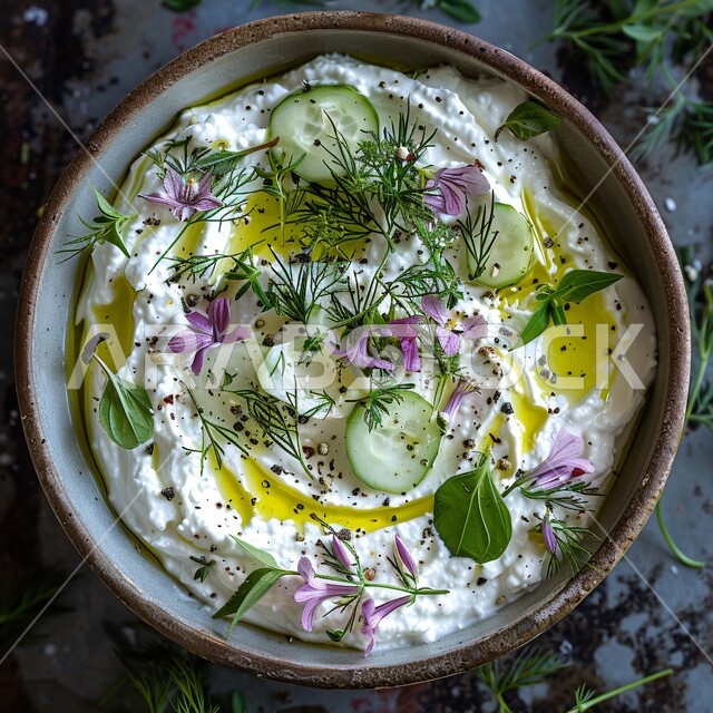 Nutritious and filling breakfast, a bowl of yogurt garnished with mint, herbs and olive oil, local products from Saudi Arabia, traditional popular dishes, light and delicious snacks, diet meals