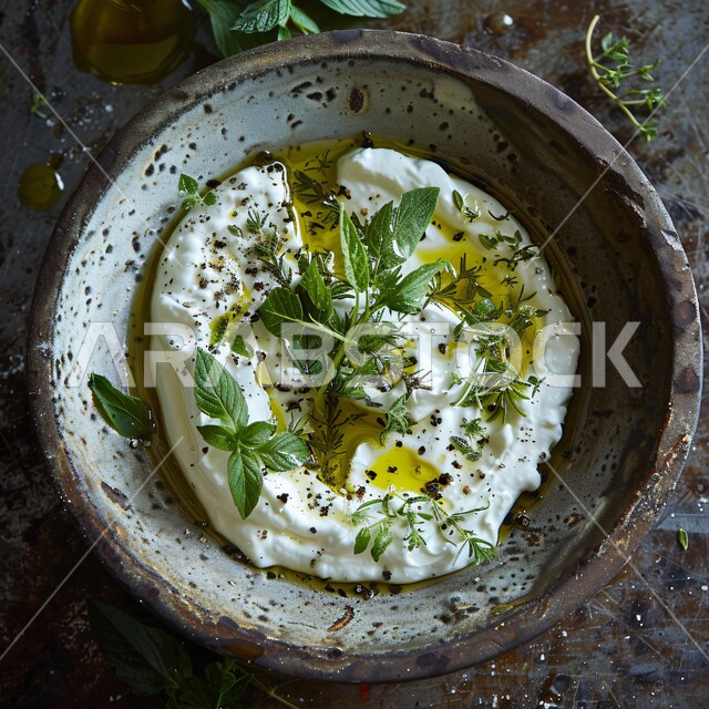Nutritious and filling breakfast, a bowl of yogurt garnished with mint, herbs and olive oil, local products from Saudi Arabia, traditional popular dishes, light and delicious snacks, diet meals