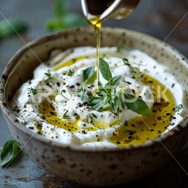 وجبة الفطور المغذية والمشبعة، طبق من لبن الزبادي المزين بالنعناع والأعشاب وزيت الزيتون، منتجات محلية وطنية في المملكة العربية السعودية، الأكلات التقليدية الشعبية، سناكات خفيفة ولذيذة، وجبات اتباع الحميات الغذائية