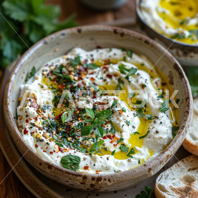 Nutritious and filling breakfast, a bowl of yogurt garnished with mint, herbs and olive oil, local products from Saudi Arabia, traditional popular dishes, light and delicious snacks, diet meals
