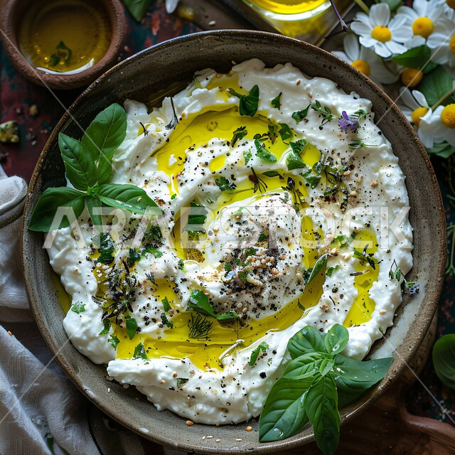 Nutritious and filling breakfast, a bowl of yogurt garnished with mint, herbs and olive oil, local products from Saudi Arabia, traditional popular dishes, light and delicious snacks, diet meals