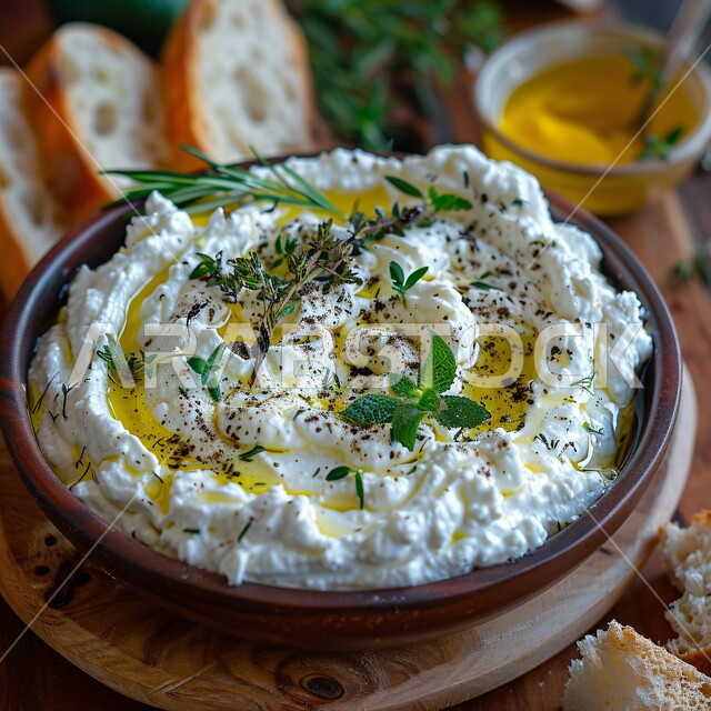 Light and delicious snacks, nutritious and filling breakfast, a bowl of yogurt decorated with mint, herbs and olive oil, local products of Saudi Arabia, traditional popular dishes, diet meals