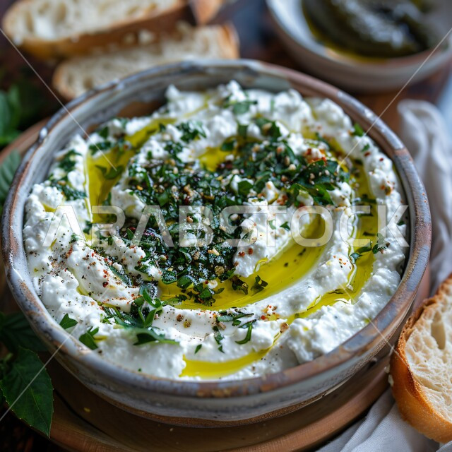 سناكات خفيفة ولذيذة، وجبة الفطور المغذية والمشبعة، طبق من لبن الزبادي المزين بالنعناع والأعشاب وزيت الزيتون، منتجات محلية وطنية في المملكة العربية السعودية، الأكلات التقليدية الشعبية، وجبات اتباع الحميات الغذائية