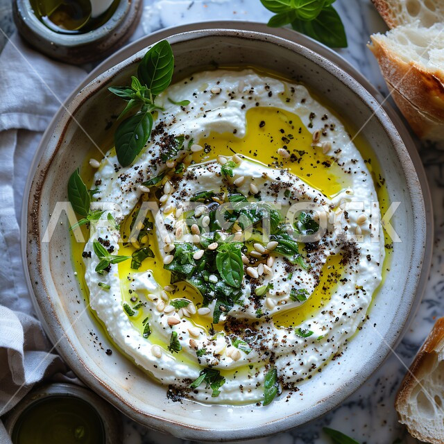 Light and delicious snacks, nutritious and filling breakfast, a bowl of yogurt decorated with mint, herbs and olive oil, local products of Saudi Arabia, traditional popular dishes, diet meals