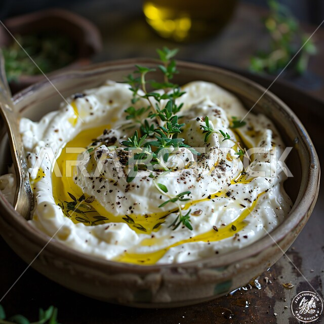 سناكات خفيفة ولذيذة، وجبة الفطور المغذية والمشبعة، طبق من لبن الزبادي المزين بالنعناع والأعشاب وزيت الزيتون، منتجات محلية وطنية في المملكة العربية السعودية، الأكلات التقليدية الشعبية، وجبات اتباع الحميات الغذائية
