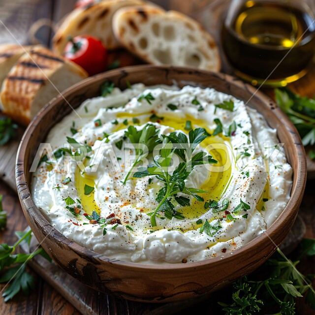 وجبات اتباع الحميات الغذائية، سناكات خفيفة ولذيذة، وجبة الفطور المغذية والمشبعة، طبق من لبن الزبادي المزين بالنعناع والأعشاب وزيت الزيتون، منتجات محلية وطنية في المملكة العربية السعودية، الأكلات التقليدية الشعبية