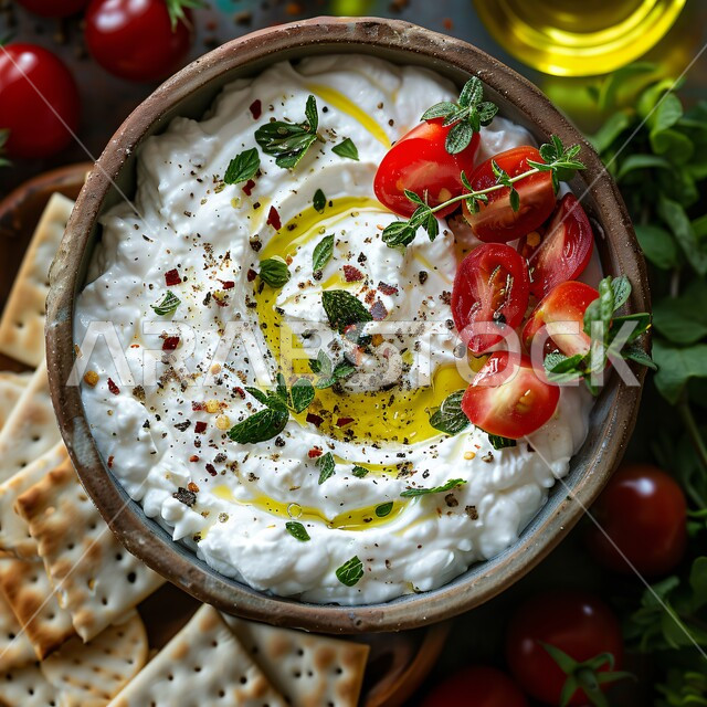 وجبات اتباع الحميات الغذائية، سناكات خفيفة ولذيذة، وجبة الفطور المغذية والمشبعة، طبق من لبن الزبادي المزين بالنعناع والأعشاب وزيت الزيتون وحبات الطماطم، منتجات محلية وطنية في المملكة العربية السعودية، الأكلات التقليدية الشعبية