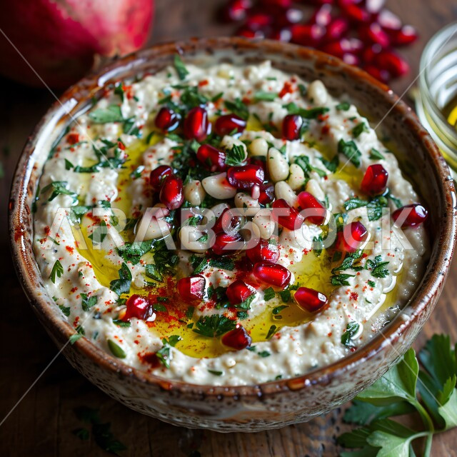 مقبلات باردة ووجبات خفيفة، وجبة ذات قيمة غذائية، وصفات طعام شهية صحية لذيذة، أطباق من المأكولات الشعبية، مفهوم الولائم والعزائم، صورة مقربة لطبق من بابا غنوج بالرمان وزيت الزيتون المزين بالبقدونس، فنون التقديم في مطاعم ومطابخ المملكة العربية السعودية