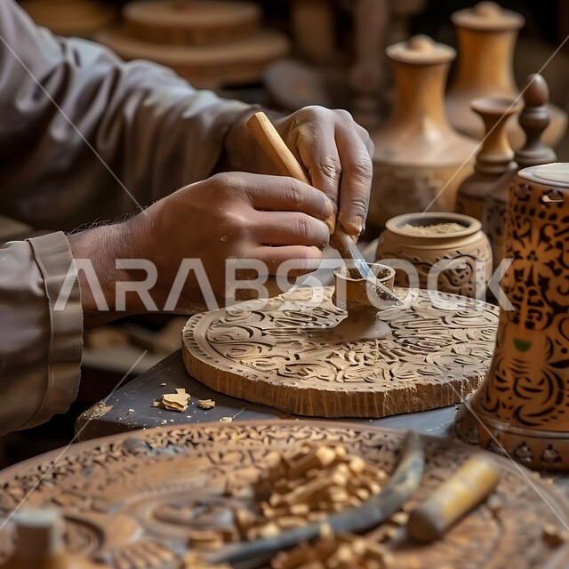 حرف ومهن شعبية تراثية، معارض للمواهب والفنون، منحوتات وزخارف وأعمال فنية يدوية، الصناعات التشكيلية اليدوية، صورة مقربة ليد نحات عربي خليجي سعودي يقوم بالنحت والرسم على الخشب