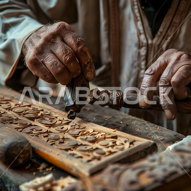حرف ومهن شعبية تراثية، معارض للمواهب والفنون، منحوتات وزخارف وأعمال فنية يدوية، الصناعات التشكيلية اليدوية، صورة مقربة ليد نحات عربي خليجي سعودي يقوم بالنحت والرسم على الخشب