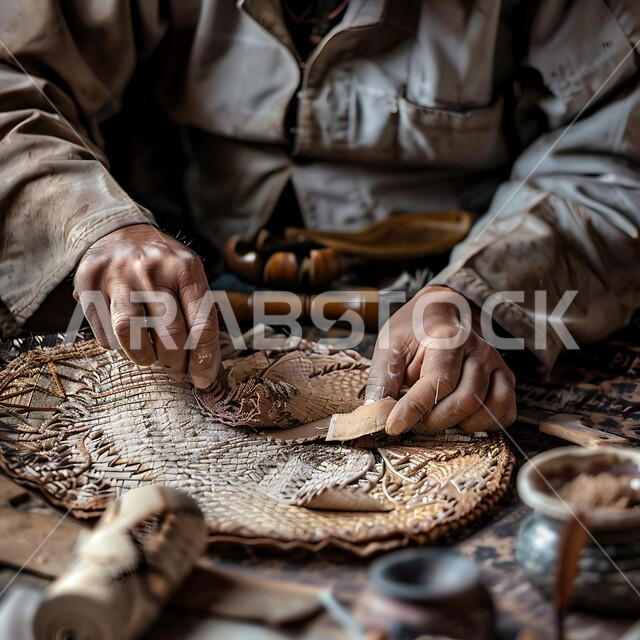 منحوتات وزخارف وأعمال فنية يدوية، حرف ومهن شعبية تراثية، معارض للمواهب والفنون، الصناعات التشكيلية اليدوية، صورة مقربة ليد نحات عربي خليجي سعودي يقوم بالنحت والرسم على الخشب