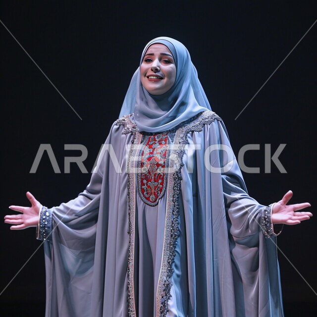  عبايات سعودية نسائية بتصاميم عصرية مميزة، بورتريه لسيدة عربية خليجية سعودية محجبة ترتدي ثوب تقليدي أزرق اللون مطرز بالاحمر، رفع اليدين بإيماءات الغناء، مفهوم الموضة والأناقة والجمال، خلفية سوداء