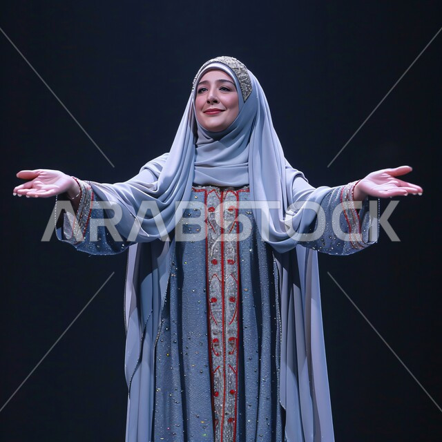  عبايات سعودية نسائية بتصاميم عصرية مميزة، بورتريه لسيدة عربية خليجية سعودية محجبة ترتدي ثوب تقليدي أزرق اللون مطرز بالاحمر، رفع اليدين بإيماءات الغناء، مفهوم الموضة والأناقة والجمال، خلفية سوداء