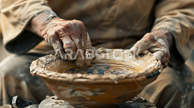 حرف وصناعات يدوية شعبية من التراث السعودي العريق، العمل في صناعة الخزفيات, اواني خزفية مصنوعة من الطين، صنع الجرار الفخارية المزخرفة، صورة مقربة لأيدي رجل يقوم بالنقش على الفخار
