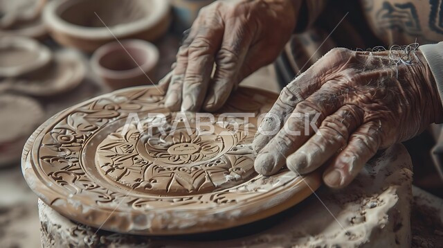 العمل في صناعة الخزفيات, اواني خزفية مصنوعة من الطين، صنع الجرار الفخارية المزخرفة، صناعات وحرف يدوية شعبية من التراث السعودي العريق، صورة مقربة لأيدي رجل يقوم بالنقش على الفخار