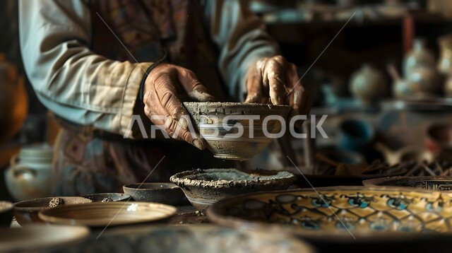 اواني خزفية مصنوعة من الطين، صنع الجرار الفخارية المزخرفة، صناعات وحرف يدوية شعبية من التراث السعودي العريق، العمل في صناعة الخزفيات, صورة مقربة لأيدي رجل يقوم بالنقش على الفخار