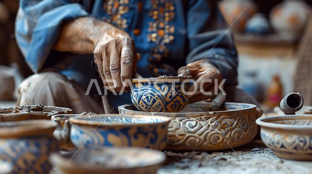 صنع الجرار الفخارية المزخرفة، صناعات وحرف يدوية شعبية من التراث السعودي العريق، العمل في صناعة الخزفيات, صورة مقربة لأيدي رجل يقوم بالنقش على الفخار، اواني خزفية مصنوعة من الطين
