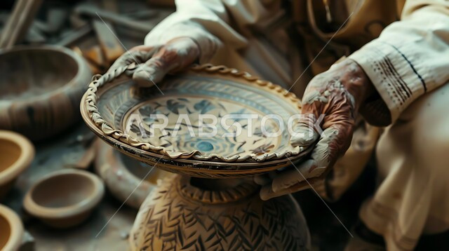 صناعات وحرف يدوية شعبية من التراث السعودي العريق، العمل في صناعة الخزفيات, صورة مقربة لأيدي رجل يقوم بالنقش على الفخار، صنع الجرار الفخارية المزخرفة، اواني خزفية مصنوعة من الطين