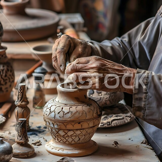 العمل في صناعة الخزفيات, حرف وصناعات يدوية شعبية من التراث السعودي العريق، صورة مقربة لأيدي رجل يقوم بالنقش على الفخار، صنع الجرار الفخارية المزخرفة، اواني خزفية مصنوعة من الطين