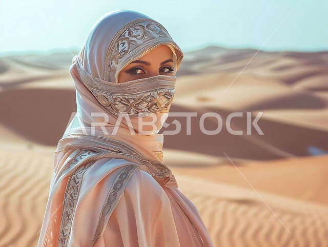 البيئة الصحراوية في المملكة العربية السعودية, التشكيلات والتكوينات الرملية, أماكن المغامرات والرحلات السياحية الممتعة, صورة مقربة لإمرأة عربية خليجية سعودية محجبة تقوم بقضاء وقت ممتع في الصحراء