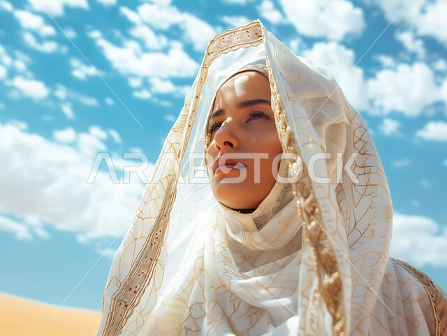 منظر السماء المليئة بالغيوم، البيئة الصحراوية في المملكة العربية السعودية, التشكيلات والتكوينات الرملية, أماكن المغامرات والرحلات السياحية الممتعة, صورة مقربة لإمرأة عربية خليجية سعودية محجبة تقوم بقضاء وقت ممتع في الصحراء