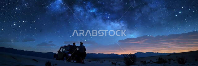 الكثبان الرملية الذهبية الناعمة، منظر درب التبانة  في صحراء السعودية، صورة بانورامية لصديقان يقفان وسط الرمال ويستمتعان بتأمل السماء المليئة بالنجوم، المناطق والبيئة الصحراوية الطبيعية، المناخ الصحراوي الجاف، القمم والمرتفعات والتضاريس في البراري