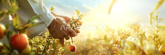 Mastering the profession of agriculture and farming, local national agricultural products and crops, fruitful apricot trees in lands and fields, harvest season in the Kingdom of Saudi Arabia, close-up panoramic image of the hands of a Saudi Arabian Gulf man holding a branch in his hand