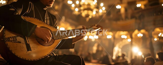 الإستمتاع بالعزف على الآلات الوترية الكلاسيكية، جلسة وناسة وطرب، ممارسة هواية العزف باستخدام آلة العود، مواهب فنية موسيقية، صورة مقربة لأيدي رجل خليجي سعودي عربي فنان يقدم البرامج والفنون الموسيقية والفن المسرحي