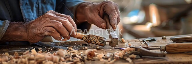 زخارف ومنحوتات وأعمال فنية يدوية، حرف ومهن شعبية تراثية، معارض للمواهب والفنون، الصناعات التشكيلية اليدوية، صورة مقربة لأيدي نحات عربي خليجي سعودي يقوم بالنحت والرسم على الخشب