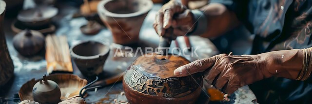 حرف ومهن شعبية تراثية، معارض للمواهب والفنون، منحوتات وزخارف وأعمال فنية يدوية، الصناعات التشكيلية اليدوية، صورة مقربة لأيدي نحات عربي خليجي سعودي يقوم بالنحت والرسم على الخشب