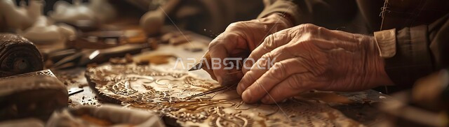 زخارف ومنحوتات وأعمال فنية يدوية، حرف ومهن شعبية تراثية، معارض للمواهب والفنون، الصناعات التشكيلية اليدوية، صورة مقربة لأيدي نحات عربي خليجي سعودي يقوم بالنحت والرسم على الخشب