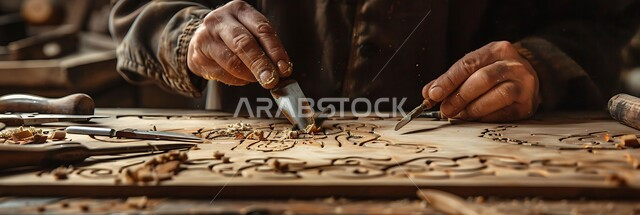 منحوتات وزخارف وأعمال فنية يدوية، حرف ومهن شعبية تراثية، معارض للمواهب والفنون، الصناعات التشكيلية اليدوية، صورة مقربة لأيدي نحات عربي خليجي سعودي يقوم بالنحت والرسم على الخشب