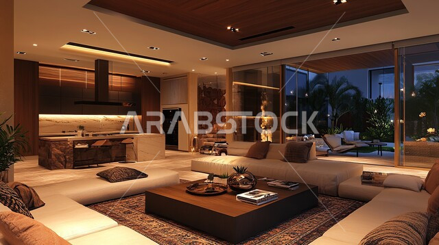 اكسسوارات و تحف عصرية, الديكورات الداخلية الراقية للفلل و الشقق السكنية في المملكة العربية السعودية, غرفة معيشة مع أثاث منزلي فاخر, التصاميم الأنيقة لغرف الجلوس المريحة على الطراز الحديث