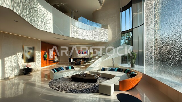 التصاميم الأنيقة لغرف الجلوس المريحة على الطراز الحديث, الواجهات و النوافذ الزجاجية الكبيرة, غرفة معيشة مع أثاث منزلي فاخر, الديكورات الداخلية الراقية, فلل و شقق سكنية في المملكة العربية السعودية