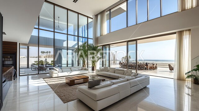 ديكورات داخلية عصرية راقية, الواجهات و النوافذ الزجاجية الكبيرة, غرفة معيشة مع أثاث منزلي فاخر, فلل و شقق سكنية في المملكة العربية السعودية, التصاميم الأنيقة لغرف الجلوس المريحة على الطراز الحديث