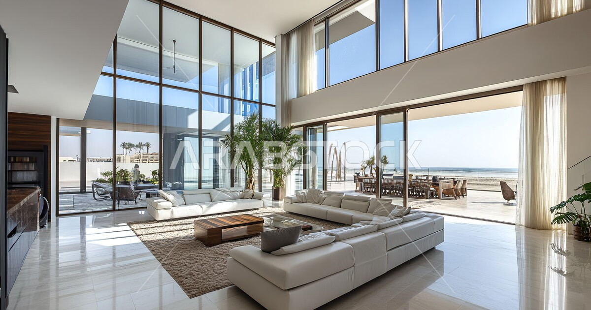 Modern elegant interior decorations, large glass facades and windows ...