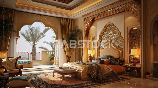 غرفة نوم مع سرير فاخر, الديكورات الداخلية الراقية للفلل و الشقق السكنية في المملكة العربية السعودية, التصاميم الأنيقة لغرف النوم المريحة على الطراز الحديث, الأثاث المنزلي الفاخر و الأنيق