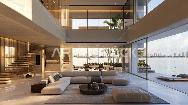 ديكورات داخلية عصرية راقية, الواجهات و النوافذ الزجاجية الكبيرة, غرفة معيشة مع أثاث منزلي فاخر, فلل و شقق سكنية في المملكة العربية السعودية, التصاميم الأنيقة لغرف الجلوس المريحة على الطراز الحديث