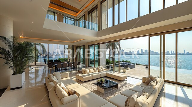 Elegant designs for comfortable living rooms in modern style, large glass facades and windows, living room with luxury home furniture, high-end interior decorations, villas and residential apartments in Saudi Arabia