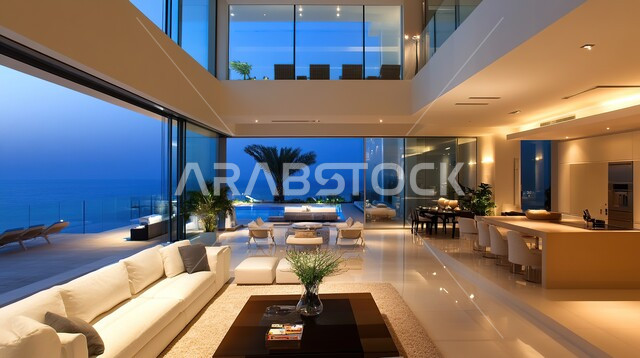 ديكورات داخلية عصرية راقية, الواجهات و النوافذ الزجاجية الكبيرة, غرفة معيشة مع أثاث منزلي فاخر, فلل و شقق سكنية في المملكة العربية السعودية, التصاميم الأنيقة لغرف الجلوس المريحة على الطراز الحديث