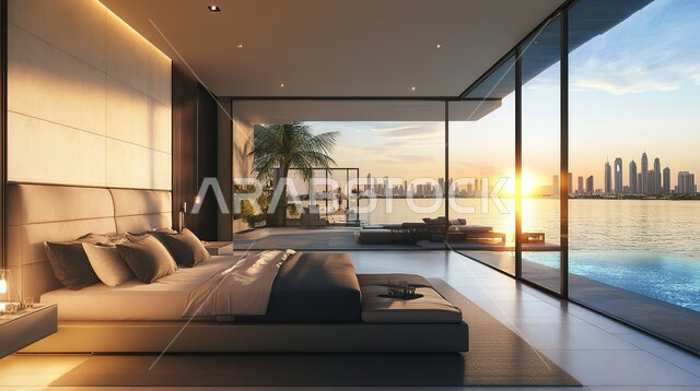 غرفة نوم مع سرير فاخر, الديكورات الداخلية الراقية للفلل و الشقق السكنية في المملكة العربية السعودية, التصاميم الأنيقة لغرف النوم المريحة على الطراز الحديث, الأثاث المنزلي الفاخر و الأنيق