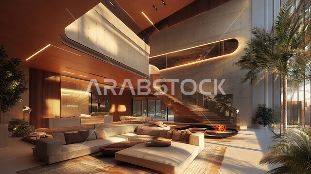 التصاميم الأنيقة لغرف الجلوس المريحة على الطراز الحديث, الواجهات و النوافذ الزجاجية الكبيرة, غرفة معيشة مع أثاث منزلي فاخر, الديكورات الداخلية الراقية, فلل و شقق سكنية في المملكة العربية السعودية