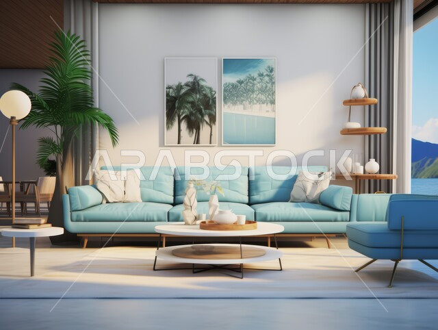أثاث واكسسوارات منزلية داخلية أنيقة، التصميم الداخلي للمنازل والبيوت باللون الأزرق، غرفة معيشة بتصاميم عصرية حديثة, شقق وفلل سكنية فاخرة، فنادق ومنتجعات بديكورات راقية في المملكة العربية السعودية