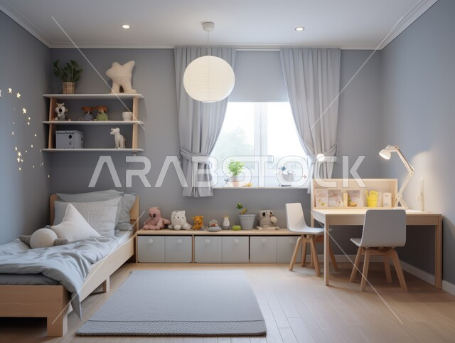 غرفة نوم مع أثاث منزلي فاخر باللون الأبيض، الديكورات الداخلية الراقية للفلل والشقق السكنية في المملكة العربية السعودية، التصاميم الأنيقة لغرف النوم المريحة على الطراز الحديث، واجهات ونوافذ زجاجية كبيرة، كرسي وطاولة مميزة للدراسة والعمل