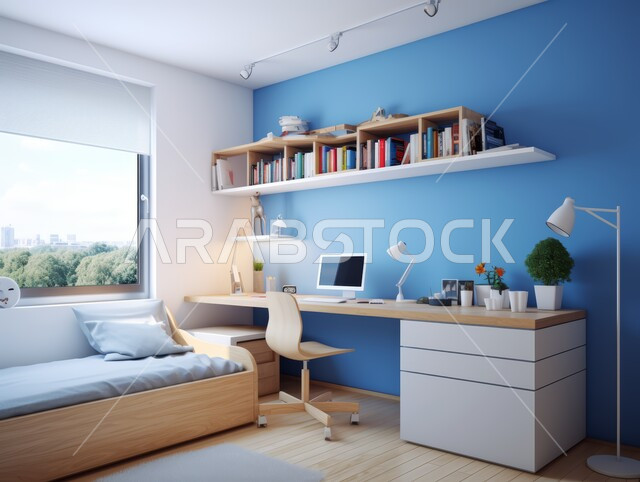 غرفة نوم بتصاميم عصرية، شقق وفلل سكنية مميزة، الفنادق والمنتجعات الفخمة في المملكة العربية السعودية، تصميمات وديكورات داخلية على الطراز الحديث، غرف نوم بآثاث منزلي أنيق باللون الأزرق، واجهات زجاجية كبيرة