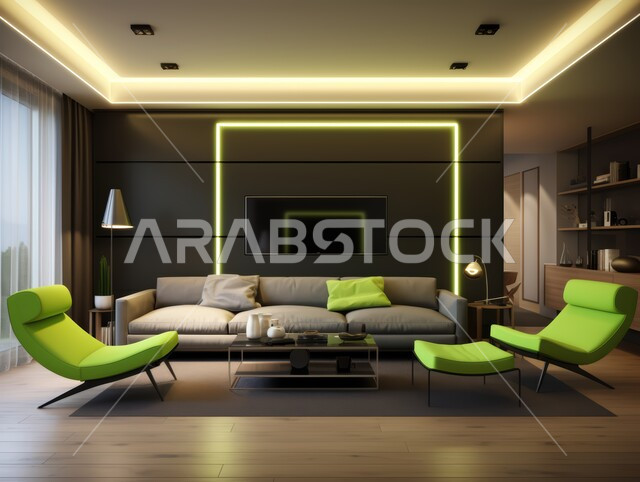 التصاميم الداخلية لغرف الجلوس على الطراز الحديث، غرفة معيشة مع أثاث منزلي فاخر باللون الأخضر والرمادي، الديكورات الداخلية الراقية للفلل والشقق السكنية المميزة في المملكة العربية السعودية، اكسسوارات وتحف عصرية