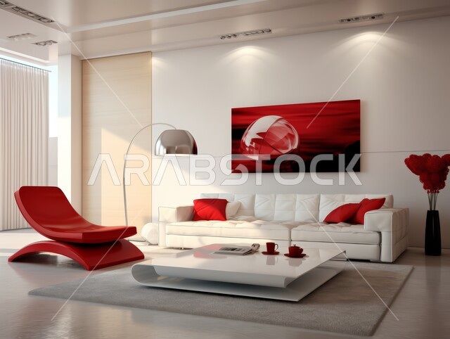 أثاث واكسسوارات منزلية داخلية أنيقة، التصميم الداخلي للمنازل والبيوت باللون الابيض والأحمر، غرفة معيشة بتصاميم عصرية حديثة, شقق وفلل سكنية فاخرة، فنادق ومنتجعات بديكورات راقية في المملكة العربية السعودية