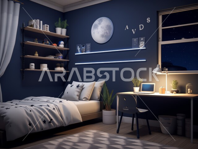غرفة نوم بتصاميم عصرية، شقق وفلل سكنية مميزة، الفنادق والمنتجعات الفخمة في المملكة العربية السعودية، تصميمات وديكورات داخلية على الطراز الحديث، غرف نوم بآثاث منزلي أنيق باللون الأزرق، واجهات زجاجية كبيرة